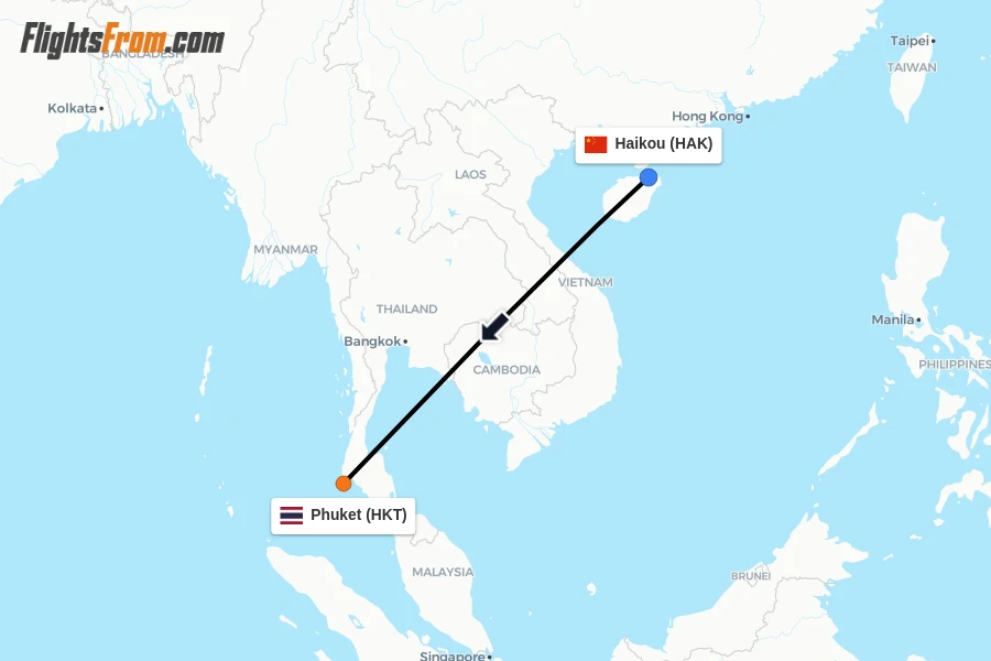 Flights from Haikou to Phuket route map