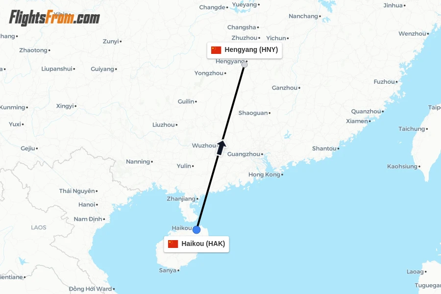Flights from Haikou to Hengyang route map