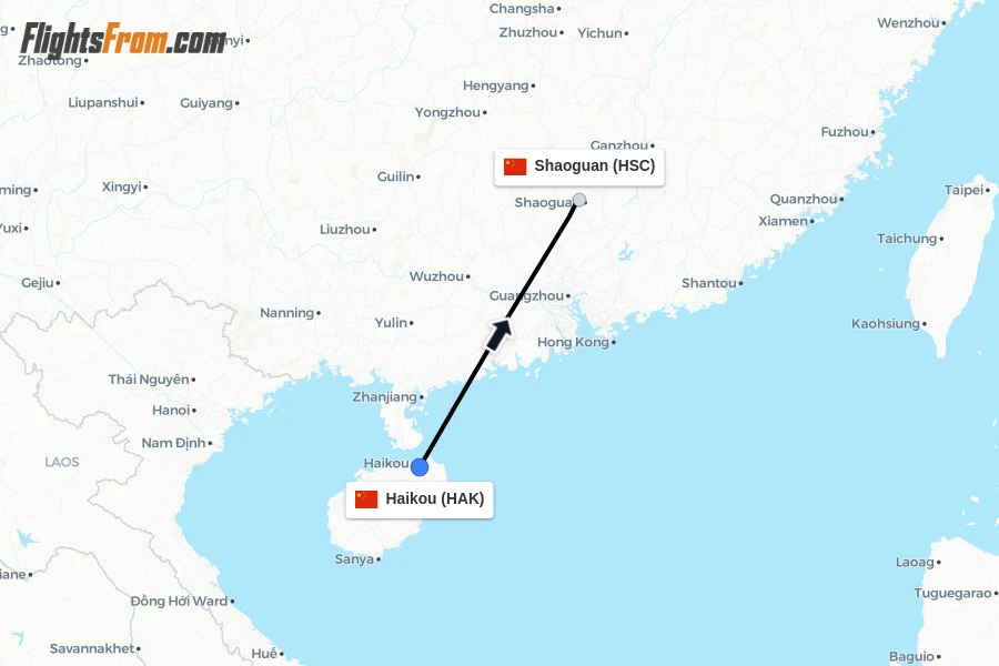 Flights from Haikou to Shaoguan route map