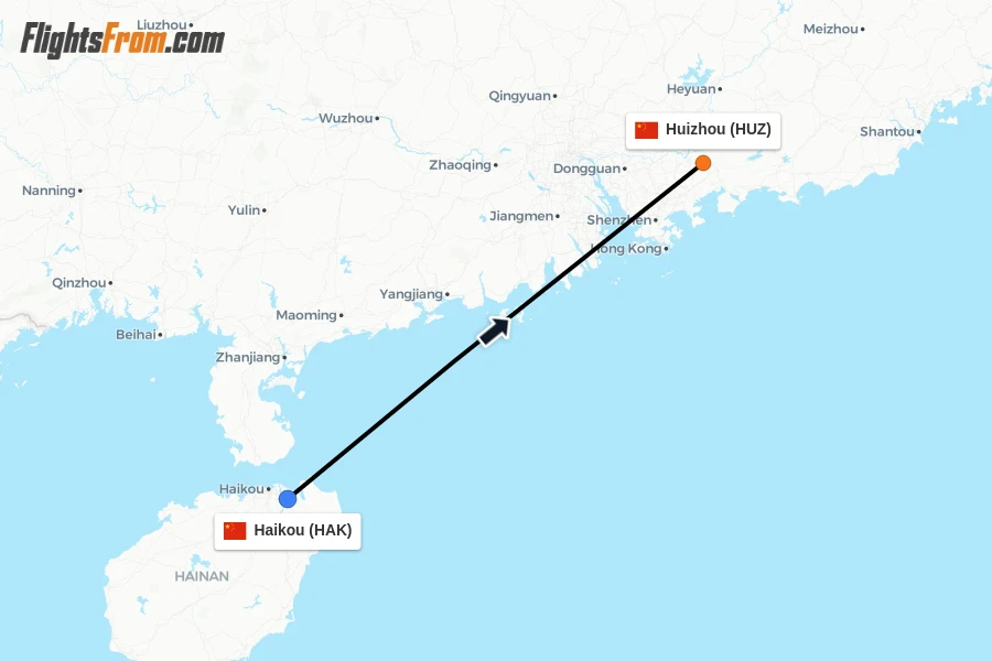 Flights from Haikou to Huizhou route map