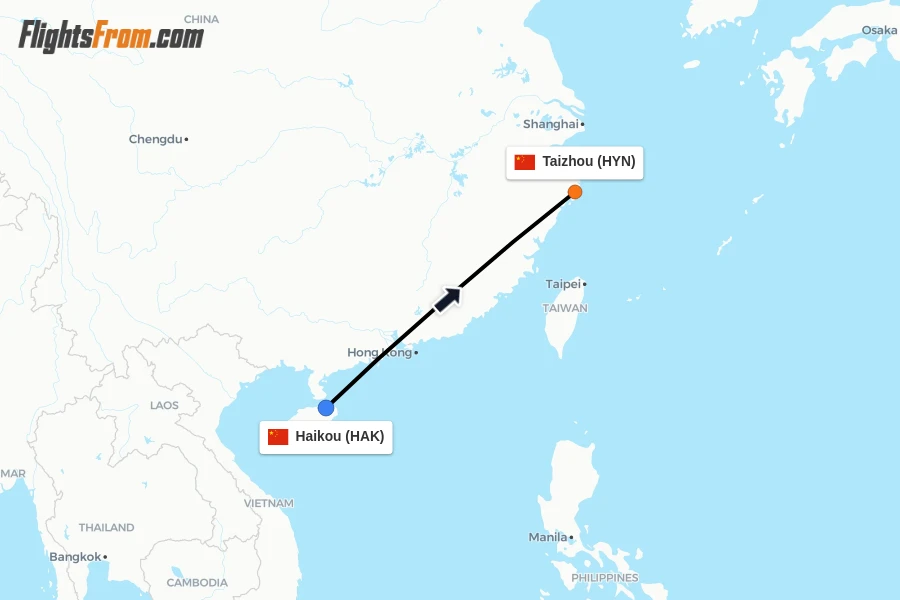 Flights from Haikou to Taizhou route map