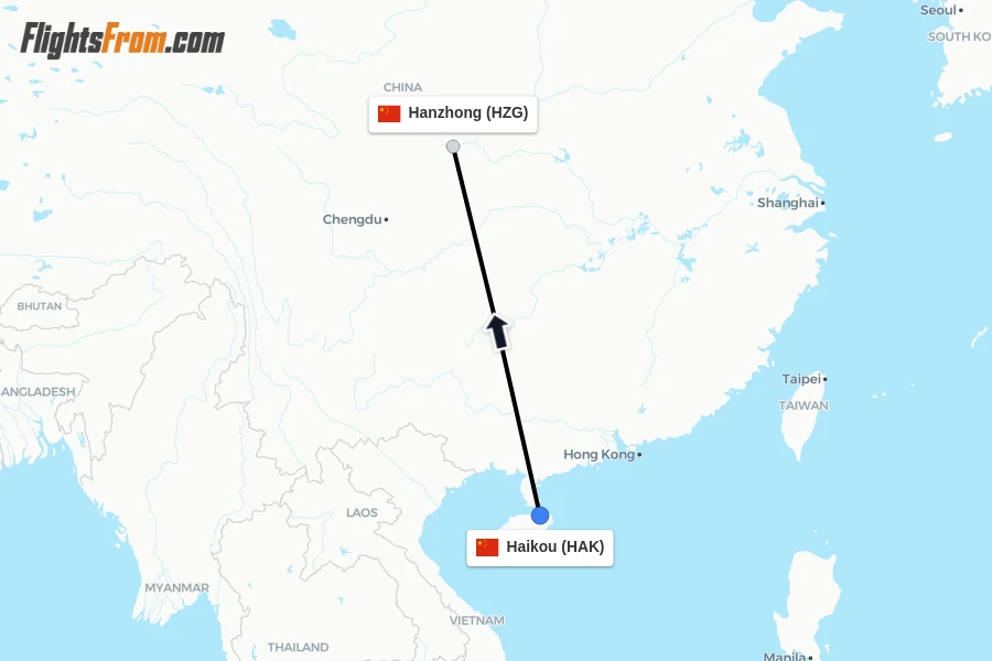Flights from Haikou to Hanzhong route map