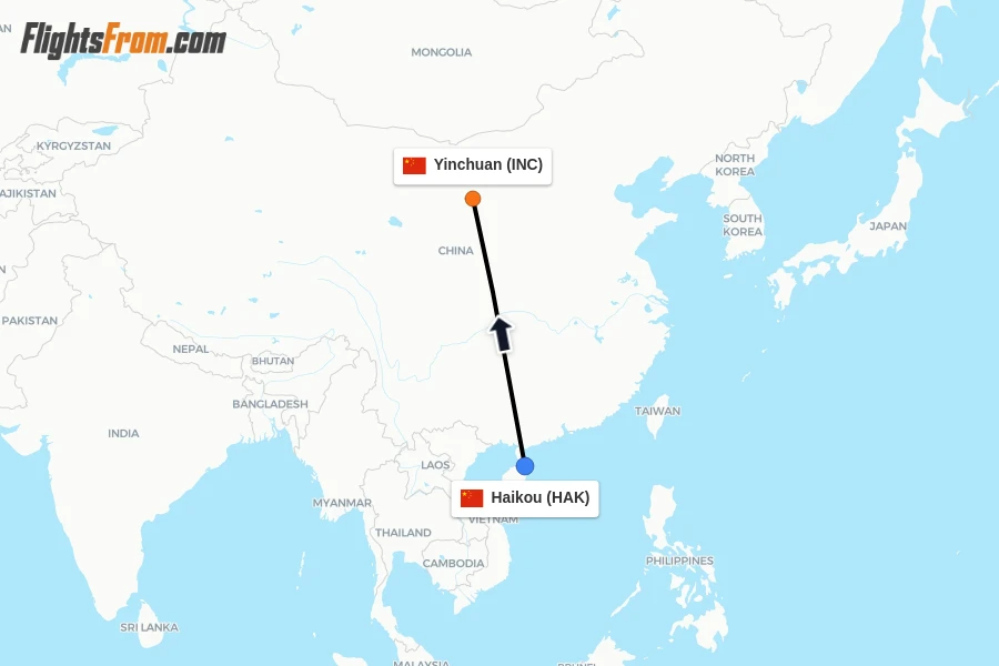 Flights from Haikou to Yinchuan route map