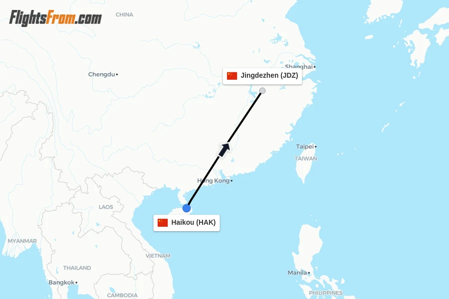 Flights from Haikou to Jingdezhen route map