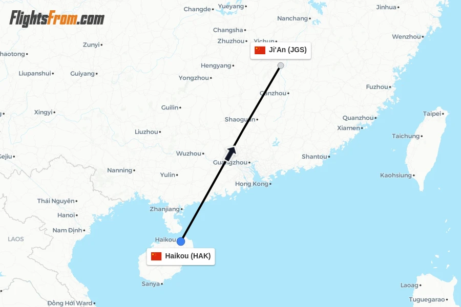Flights from Haikou to Ji'An route map