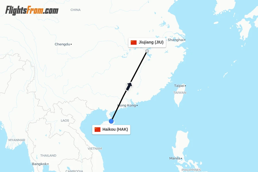 Flights from Haikou to Jiujiang route map