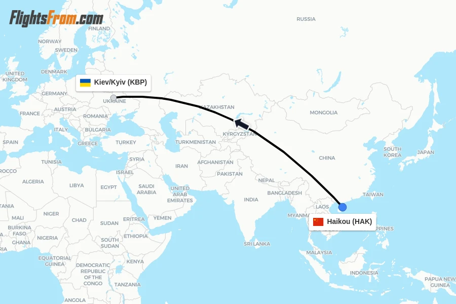 Flights from Haikou to Kiev/Kyiv route map