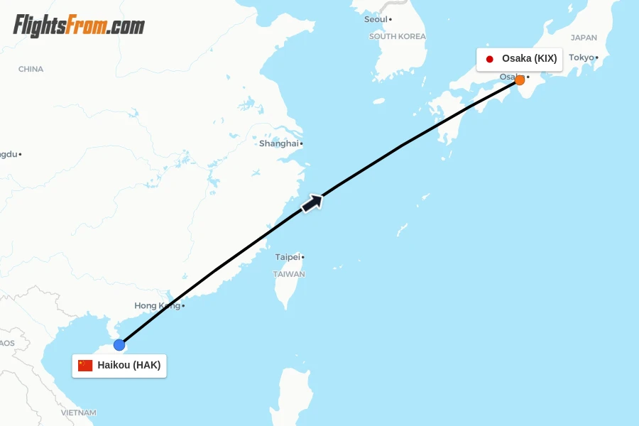Flights from Haikou to Osaka route map