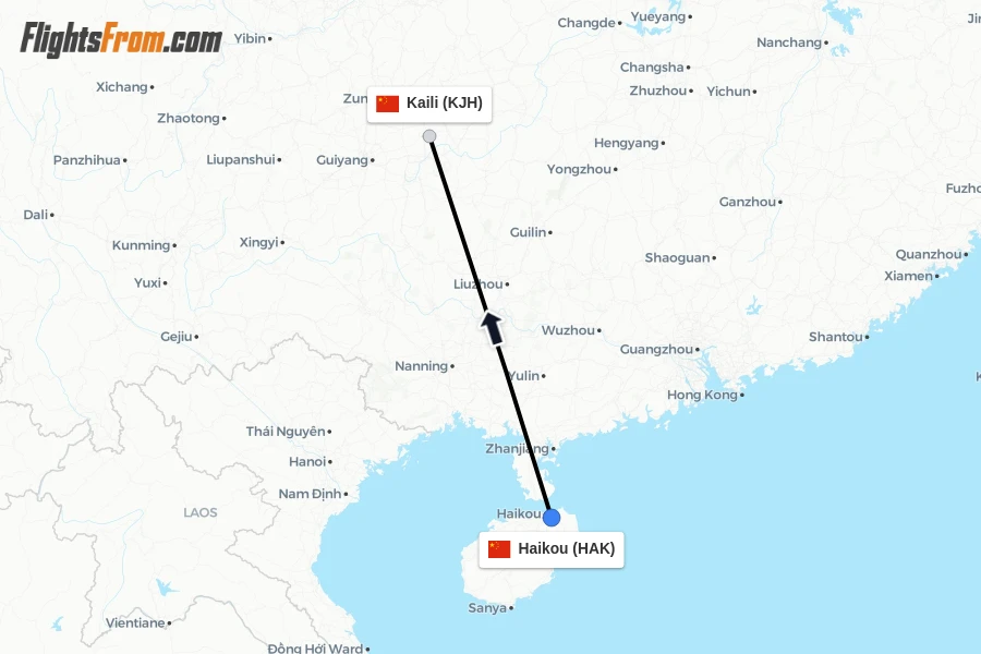 Flights from Haikou to Kaili route map