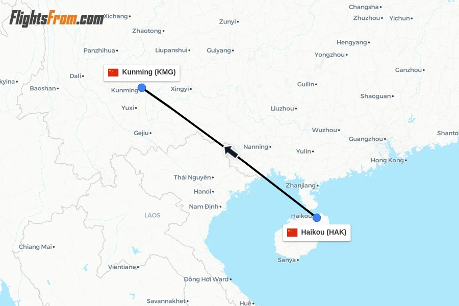 Flights from Haikou to Kunming route map