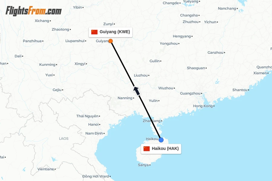 Flights from Haikou to Guiyang route map
