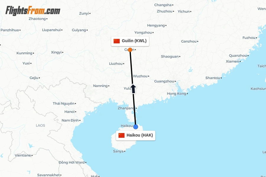 Flights from Haikou to Guilin route map
