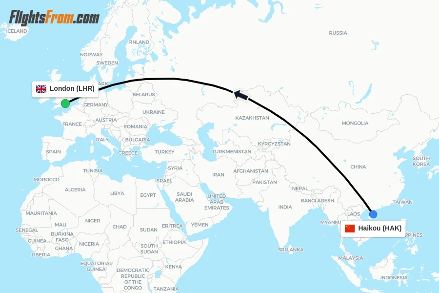 Flights from Haikou to London route map