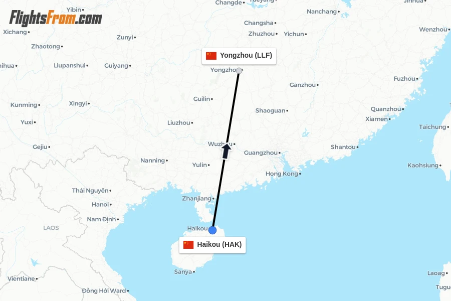 Flights from Haikou to Yongzhou route map