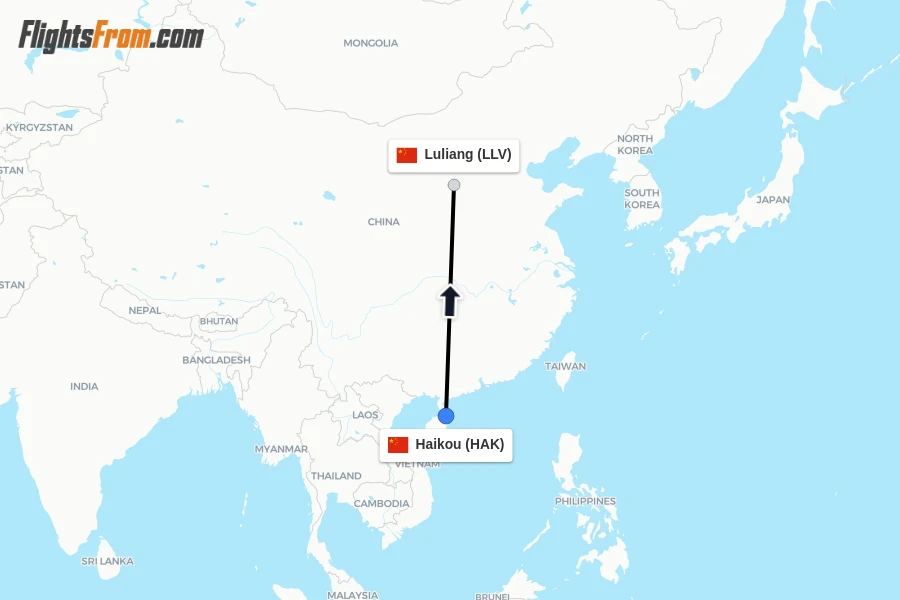 Flights from Haikou to Luliang route map