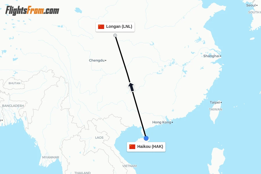 Flights from Haikou to Longan route map