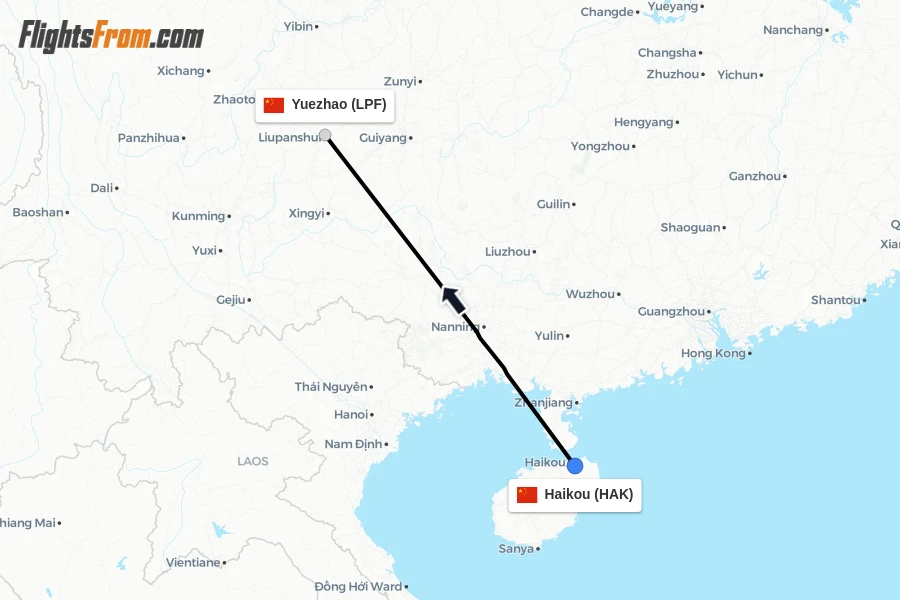 Flights from Haikou to Yuezhao route map