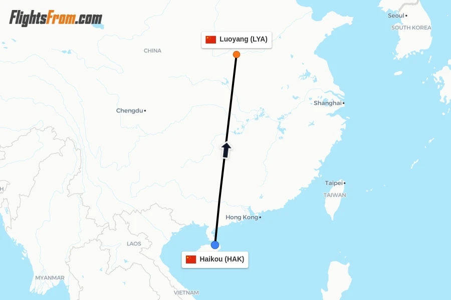 Flights from Haikou to Luoyang route map