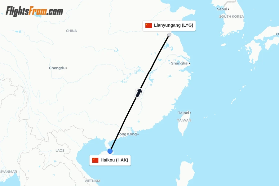Flights from Haikou to Lianyungang route map