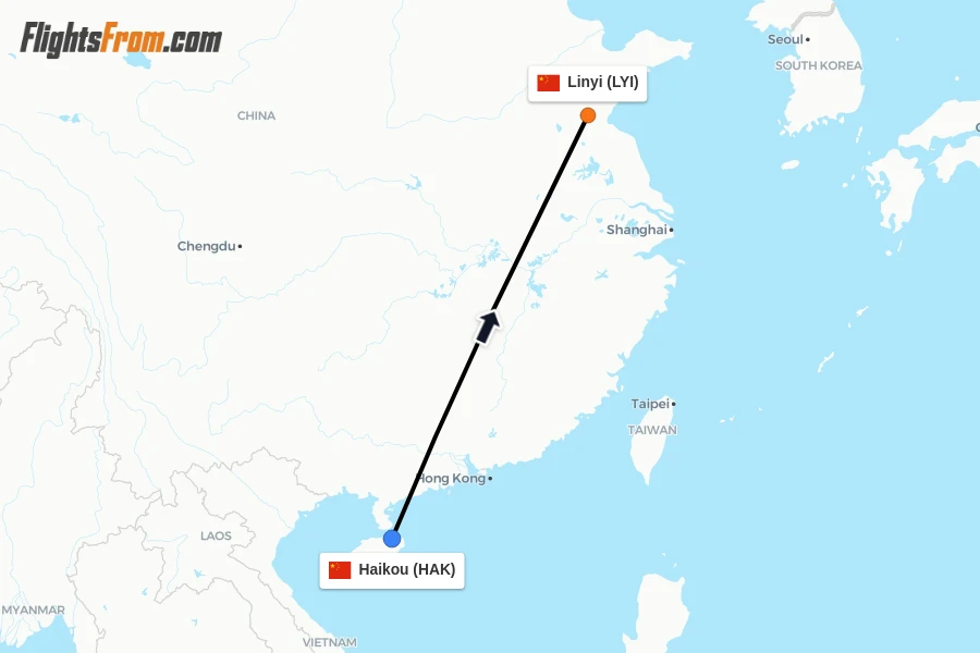 Flights from Haikou to Linyi route map