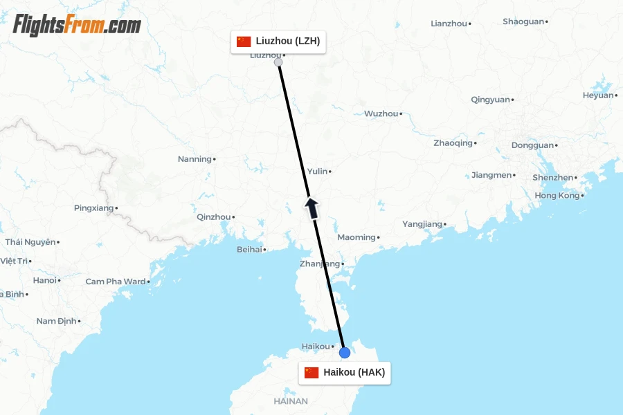 Flights from Haikou to Liuzhou route map