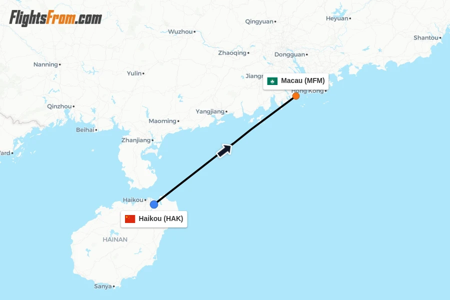 Flights from Haikou to Macau route map