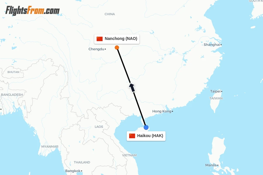 Flights from Haikou to Nanchong route map