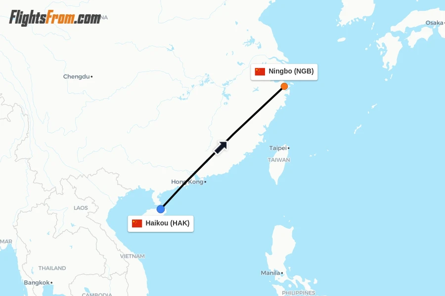 Flights from Haikou to Ningbo route map