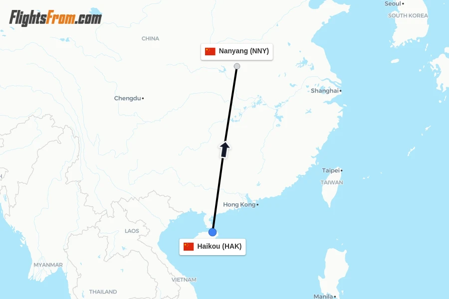 Flights from Haikou to Nanyang route map