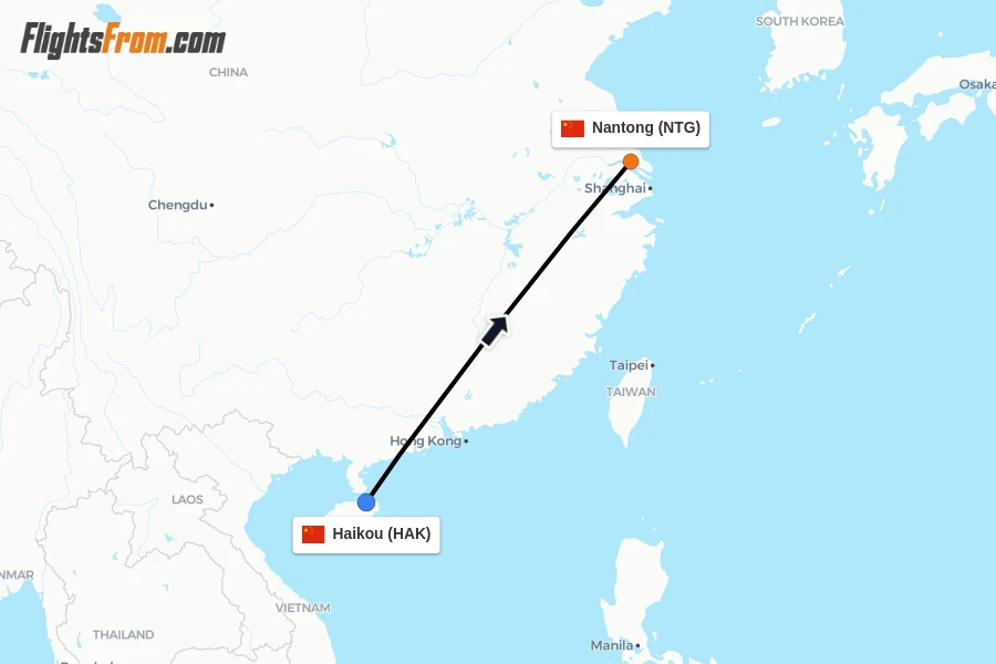 Flights from Haikou to Nantong route map