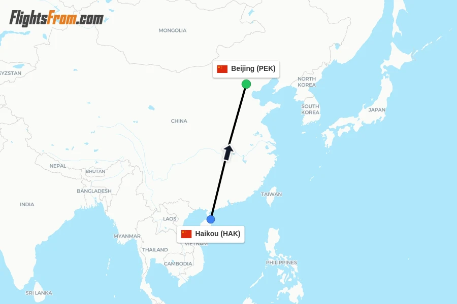 Flights from Haikou to Beijing route map