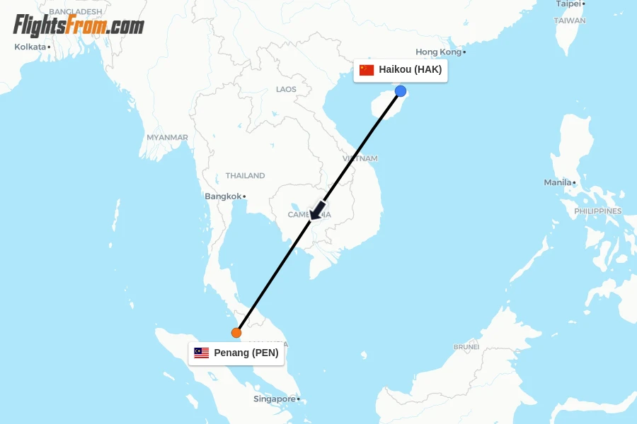 Flights from Haikou to Penang route map