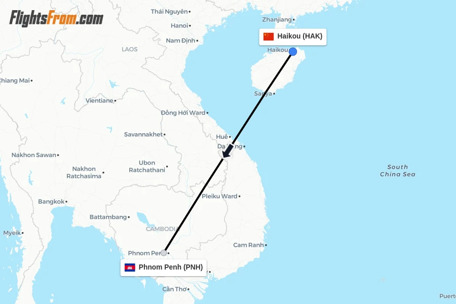 Flights from Haikou to Phnom Penh route map