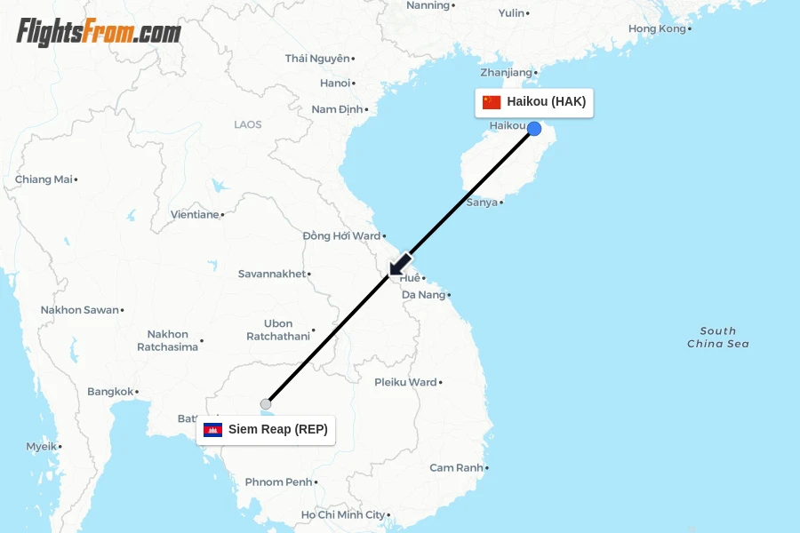 Flights from Haikou to Siem Reap route map