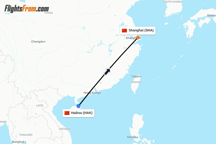 Flights from Haikou to Shanghai route map