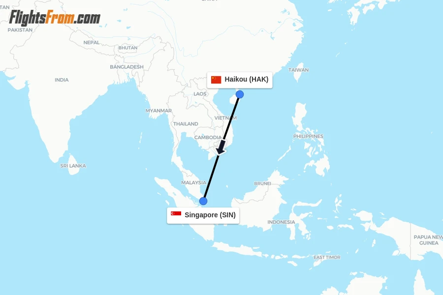 Flights from Haikou to Singapore route map