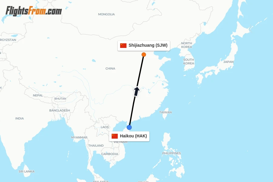 Flights from Haikou to Shijiazhuang route map