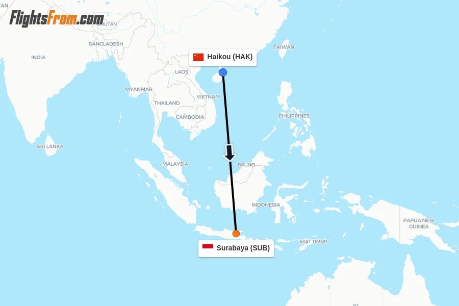 Flights from Haikou to Surabaya route map