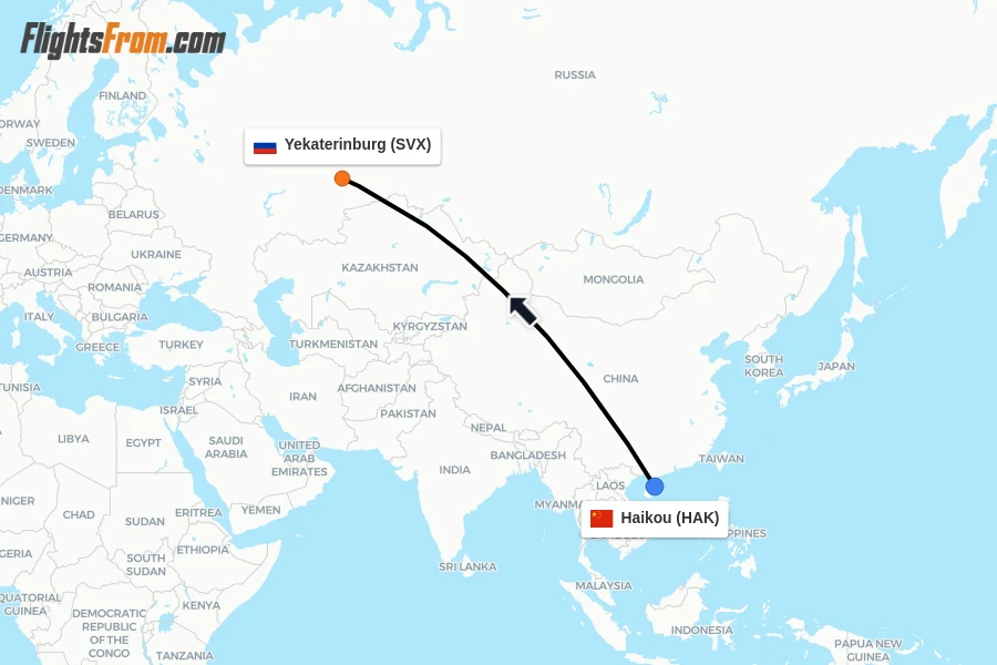 Flights from Haikou to Yekaterinburg route map