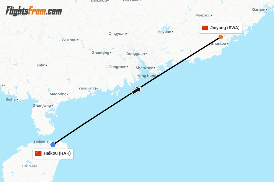 Flights from Haikou to Jieyang route map