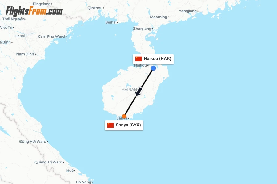 Flights from Haikou to Sanya route map