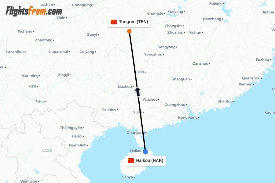 Flights from Haikou to Tongren route map