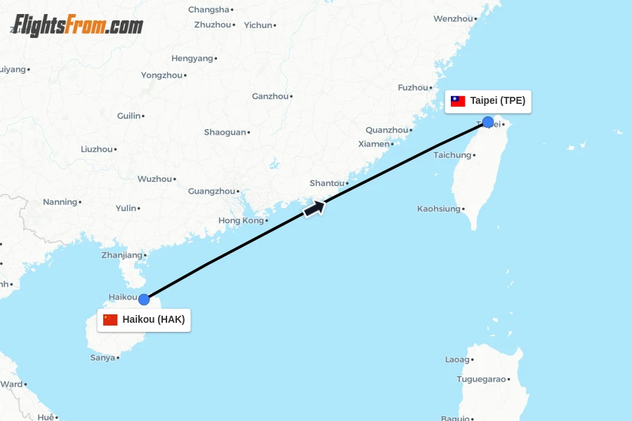 Flights from Haikou to Taipei route map