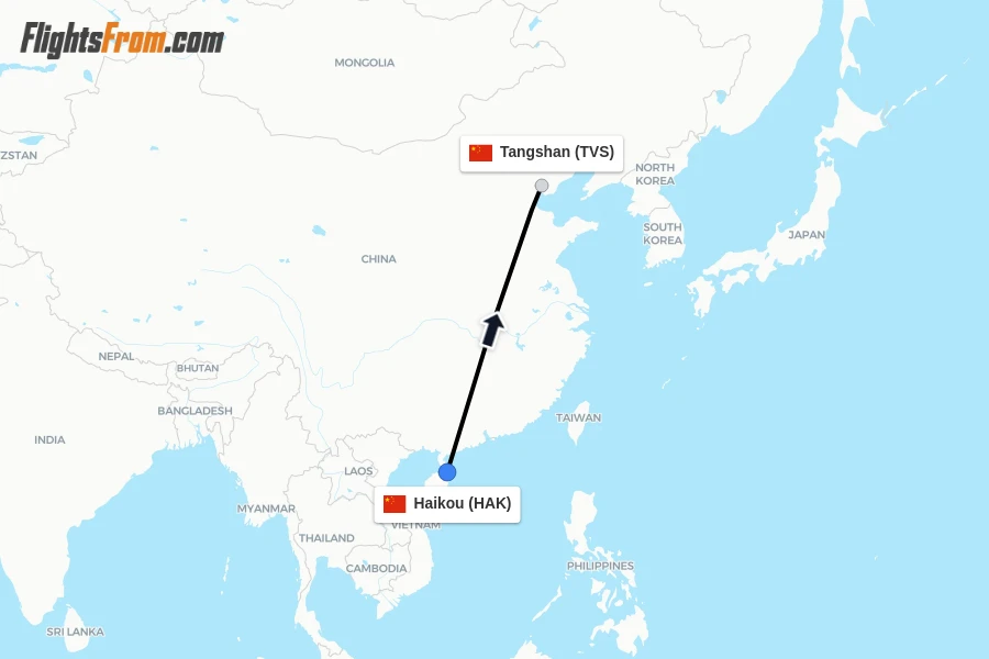 Flights from Haikou to Tangshan route map