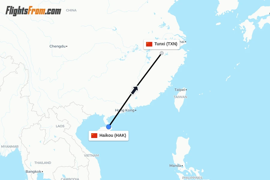 Flights from Haikou to Tunxi route map