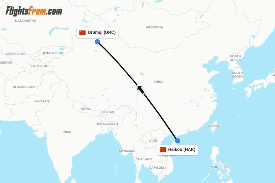 Flights from Haikou to Urumqi route map