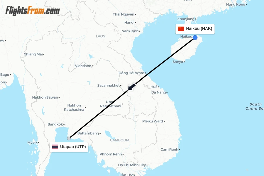 Flights from Haikou to Utapao route map
