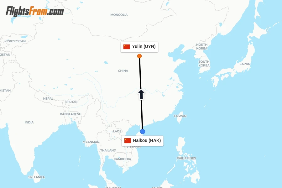 Flights from Haikou to Yulin route map