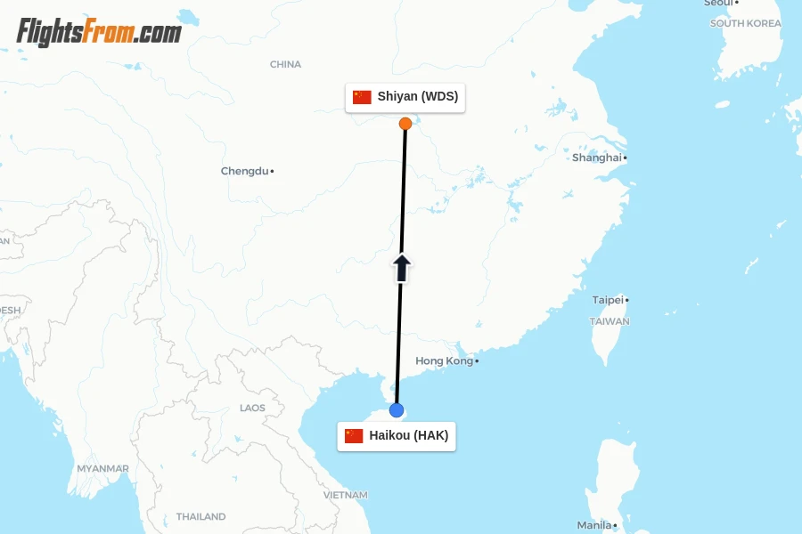 Flights from Haikou to Shiyan route map