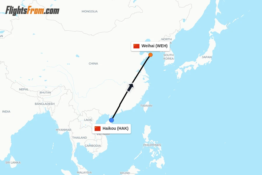 Flights from Haikou to Weihai route map